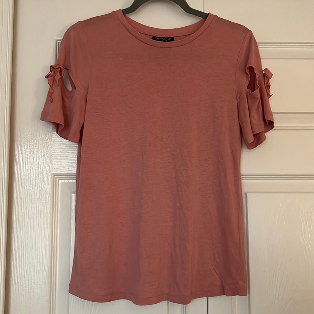 Topshop Pink Short Sleeve Shirt with Bow Detail Size 2